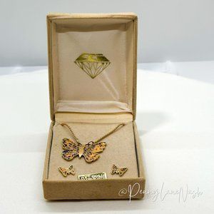 NIB Vintage 14K Gold Butterfly Pendant Necklace & Stud Earrings Set